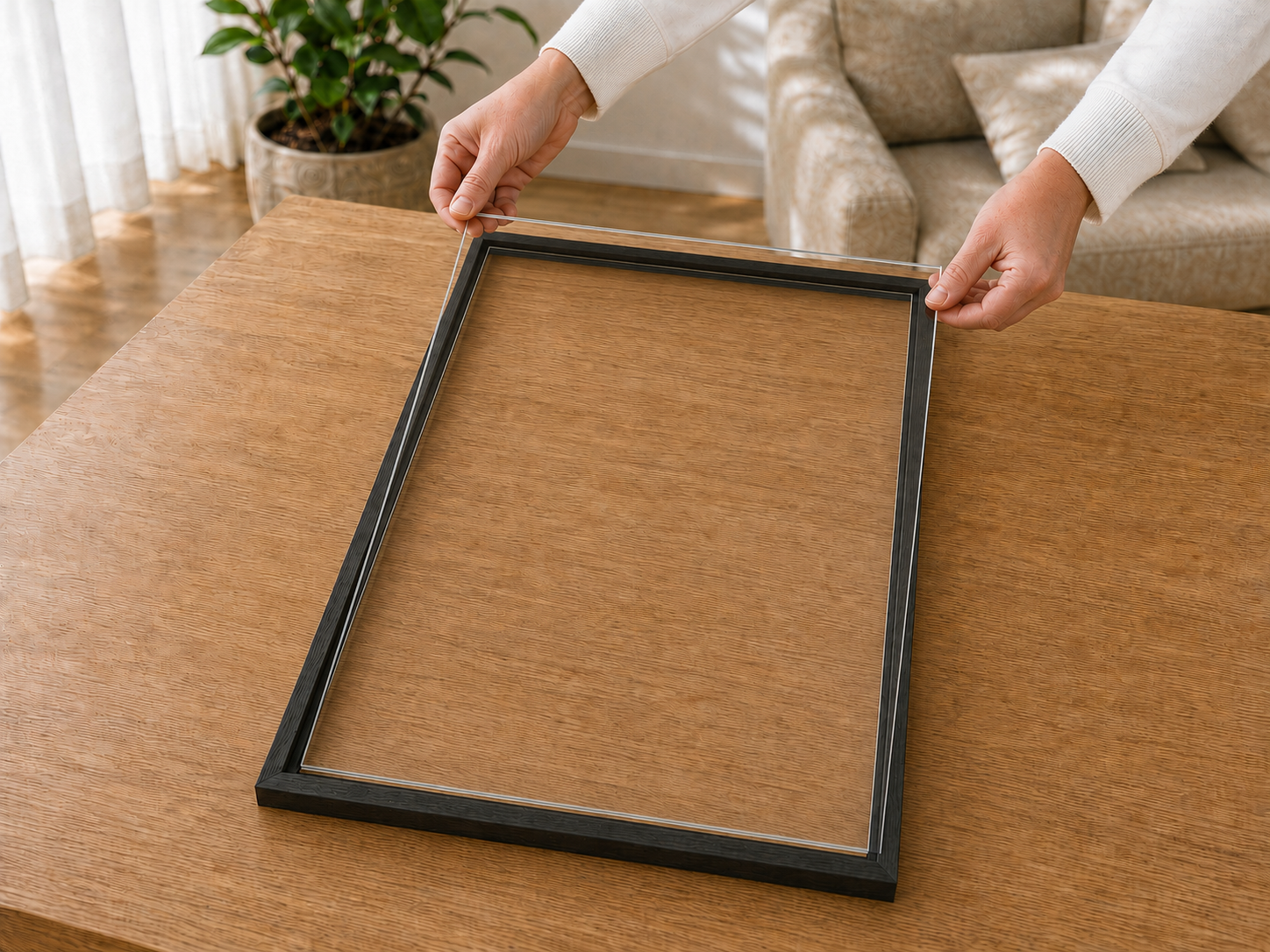 Placement du verre acrylique et du passe-partout dans le cadre